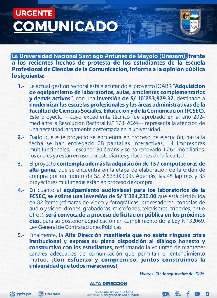 Comunicado difundido en la cuenta institucional de la Unasam del 10 de setiembre del 2025
