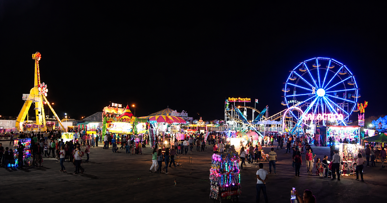 Vista panorámica nocturna de una feria de diversiones, donde la rueda de la fortuna y los juegos mecánicos iluminan el recinto, mientras cientos de visitantes disfrutan de un ambiente familiar lleno de entretenimiento, color y tradición.
