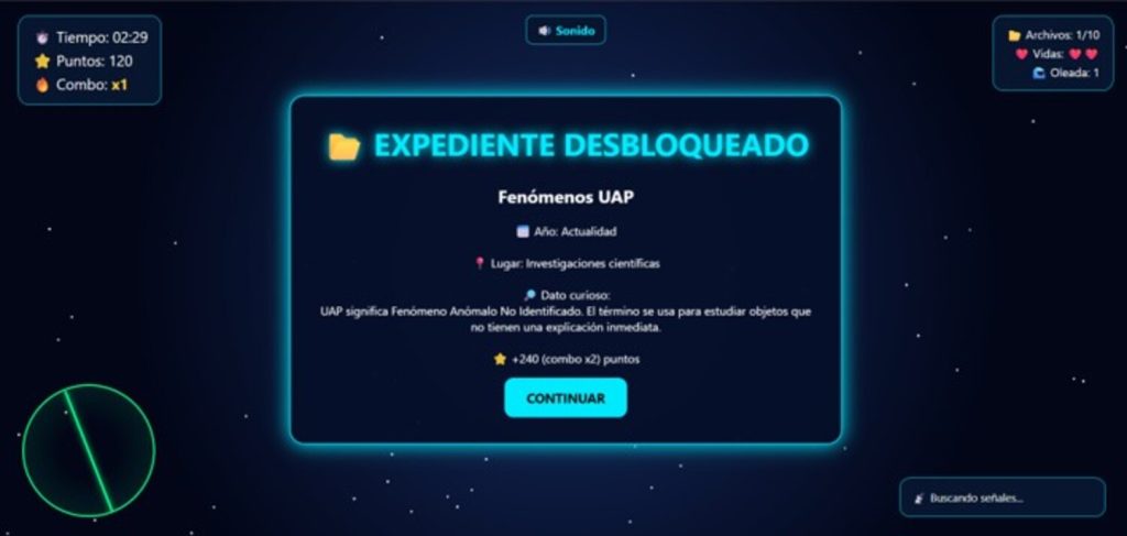 Expediente con información recopilada sobre un fenómeno aéreo no identificado desbloqueado durante el juego.